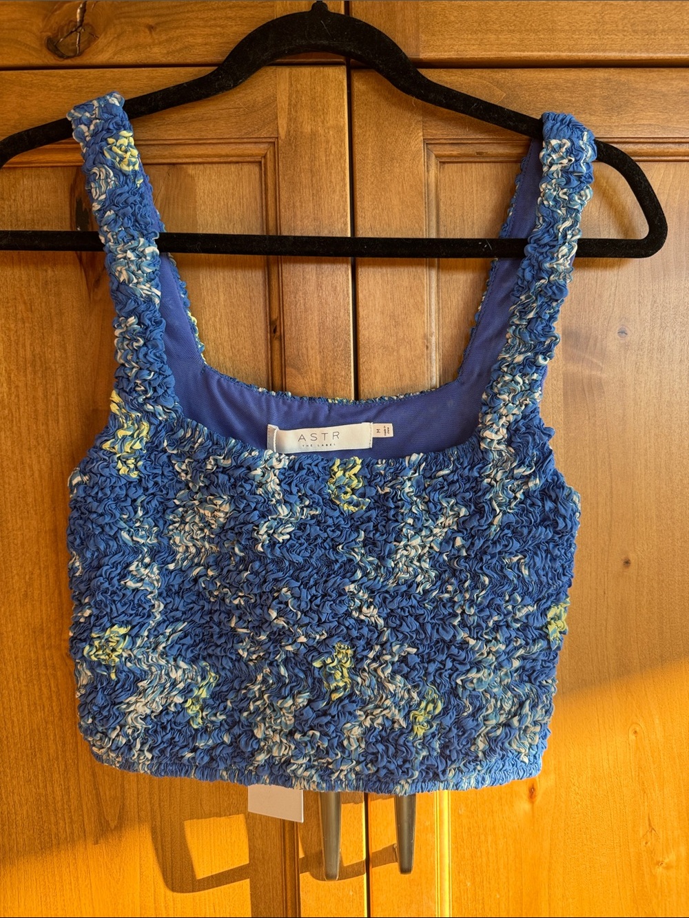 ASTR Blue Textured Smocked Crop Tank with Yellow Accents